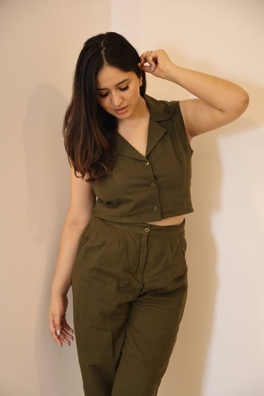 OLIVE GREEN LINEN COORD SET