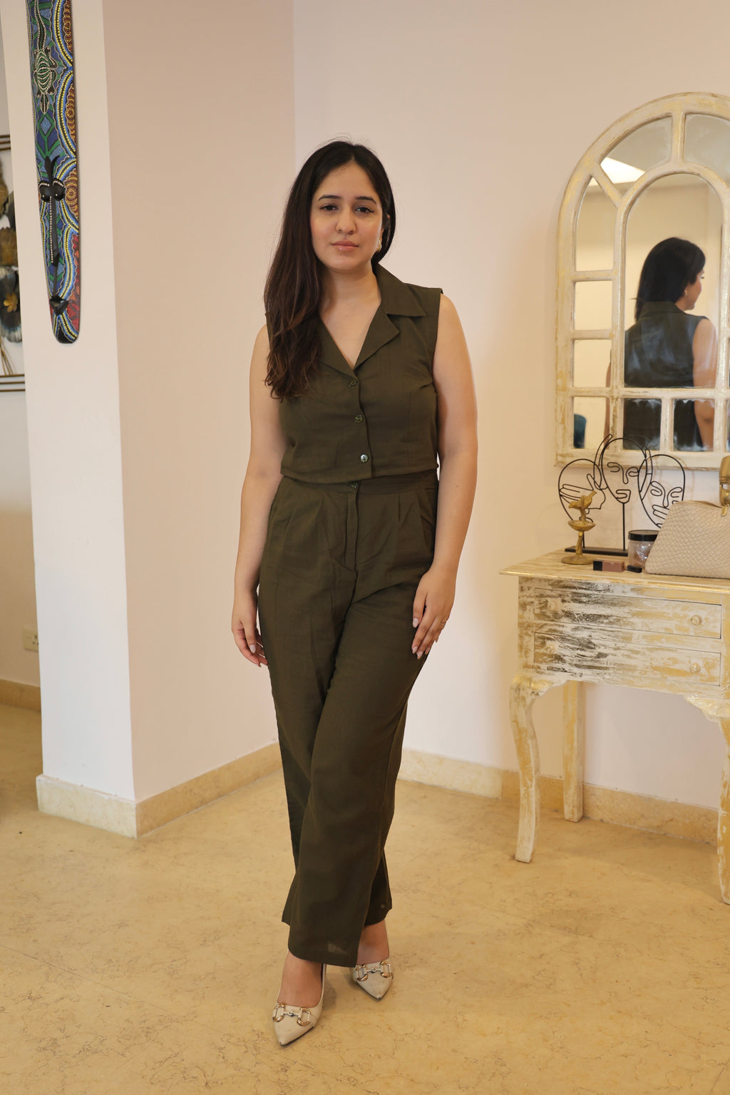 OLIVE GREEN LINEN COORD SET