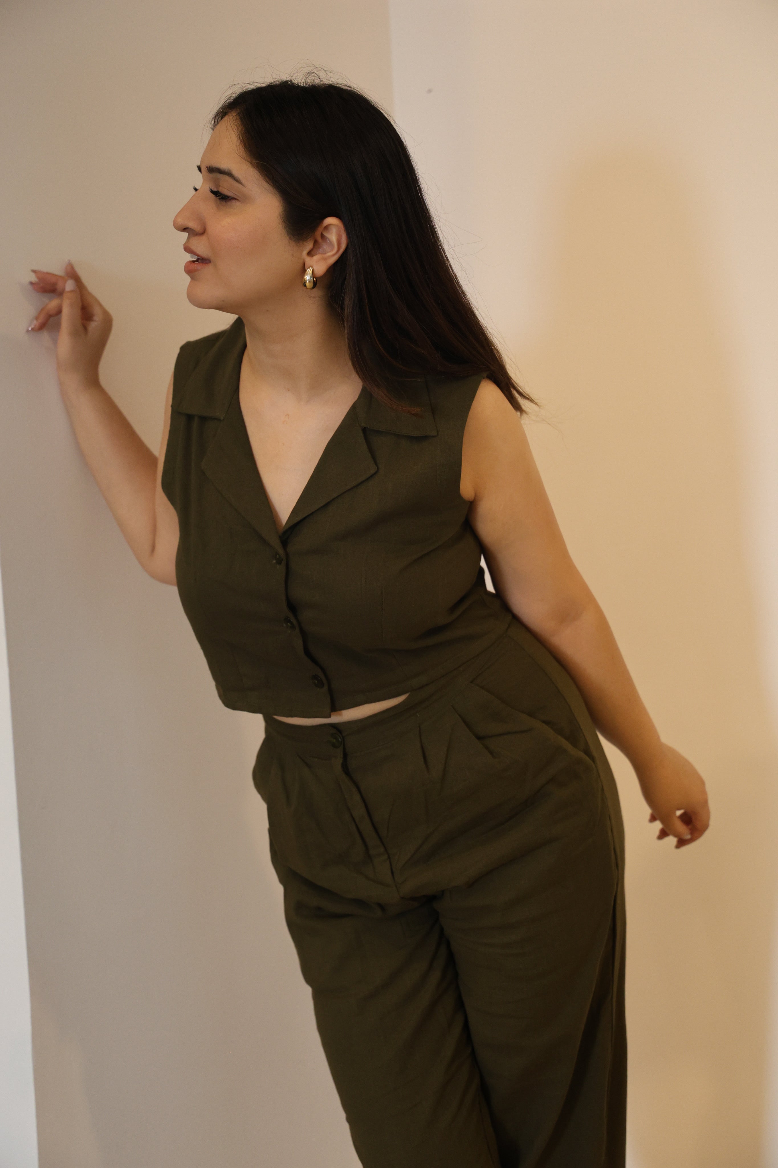 OLIVE GREEN LINEN COORD SET