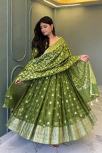 GREEN BANARSI ANARKALI SUIT SET