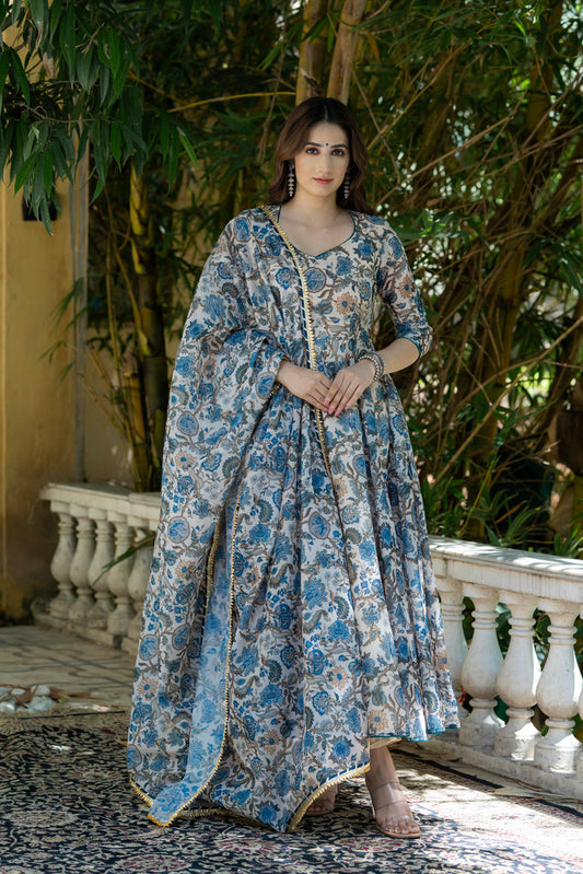 DUSKY BLUE FLORAL CHANDERI SUIT SET