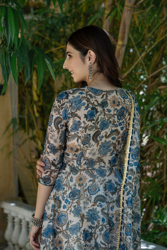 DUSKY BLUE FLORAL CHANDERI SUIT SET